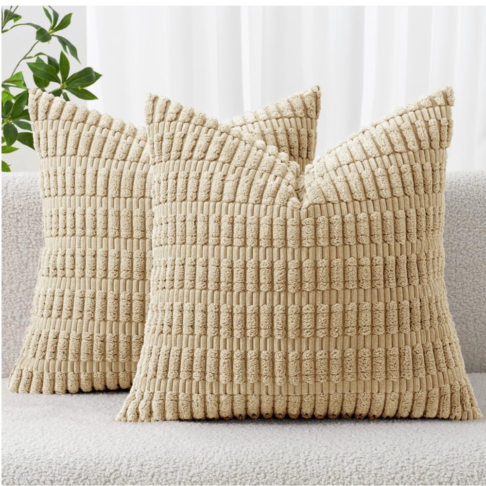 Beige Corduroy Textured Pillow Covers SQUARE 18x18” (2-Pack)